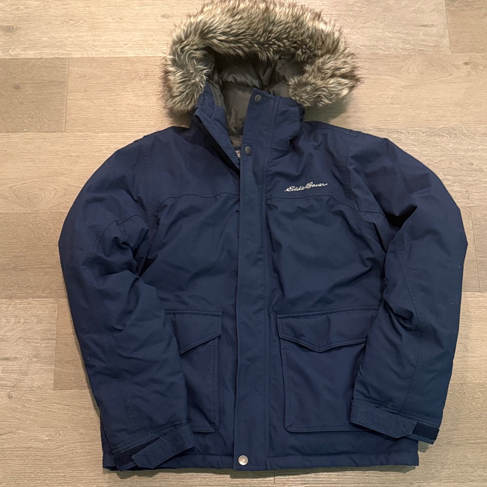Eddie Bauer Dark Blue Jacket with Faux Fur Trim